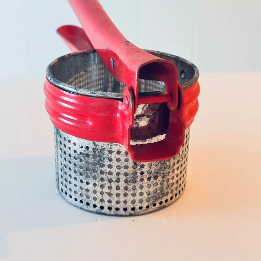 Vintage Red Metal Potato Ricer Fruit Press Kitchen Tool Farmhouse Cottage Decor